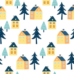 Fototapeta na wymiar Cute holiday seamless pattern with winter trees and houses. Christmas decorative pattern or background for wrapping, decoration, crafts and scrapbooking