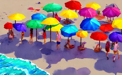 Vibrant beach umbrellas in a watercolor painting style are on the shoreline of a sandy beach. The ocean is in the background with waves crashing against the shore.