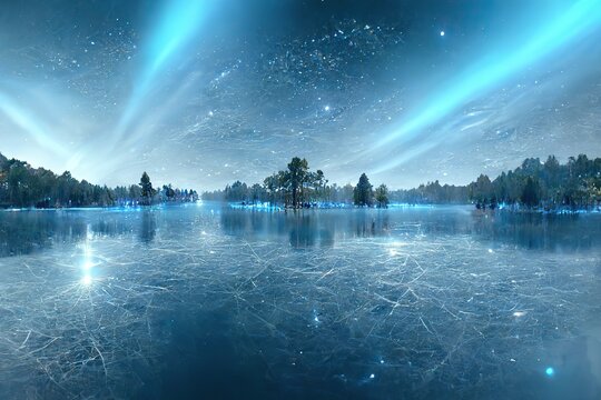 Icy Blue Winter Landscape With Lake And Mountains, Northern Lights In The Sky