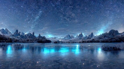 Icy blue landscape with lake and mountains
