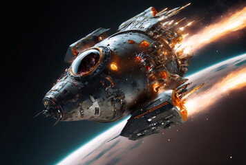 Obraz na płótnie Canvas Spaceship going Hyper speed in Outer Space, Spacecraft 3D rendering, UFO flying in deep space with cosmic background