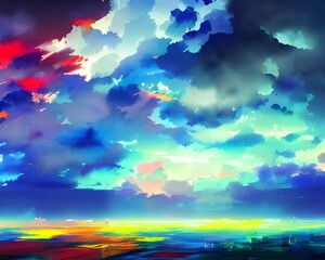 I am looking at a beautiful watercolor painting of some colorful clouds. The sky is a light blue color, and the clouds are different shades of pink, purple, and white. They look so fluffy and soft!