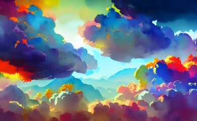 In this picture, there are colorful clouds in a watercolor painting. They are different shades of pink and purple, and they look like they are floating in the sky.