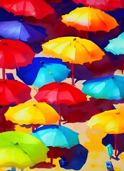 The sun is shining and the waves are crashing against the shore. The beach umbrellas are colorful and bright, adding to the beauty of the scene.