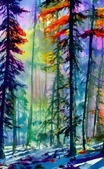 I am looking at a beautiful watercolor painting of a forest in winter. The trees are shades of orange, yellow, and red, with touches of green. The ground is covered in a layer of white snow. A little 
