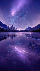 Purple and blue colored northern lights in the sky, winter icy landscape with lake and mountains