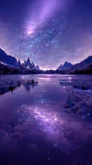 Printed roller blinds Violet Purple and blue colored northern lights in the sky, winter icy landscape with lake and mountains