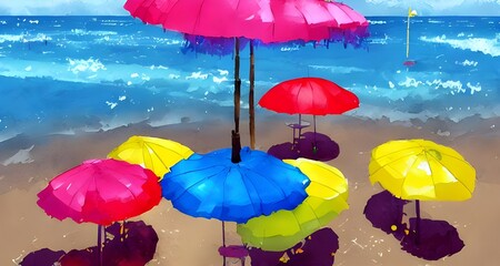 I see a beautiful watercolor painting of colorful beach umbrellas. The sun is shining brightly, and the waves are crashing onto the shore.