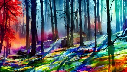 A cool, crisp winter forest scene comes to life in watercolor hues of blue and white. Against a backdrop of tall evergreen trees, smaller firs and pines are sprinkled around the woodsy area. A creek f