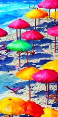 Fototapeta na wymiar The sun is shining and the waves are crashing as people sit beneath their colorful beach umbrellas. The watercolor painting is bright and beautiful, making everyone feel happy and relaxed.