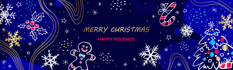 Fototapeta na wymiar Horizontal Christmas banner in blue colors. The template contains snowflakes, holly berries, gingerbread man, candy cane, Christmas tree, abstract lines and spots. Festive winter card drawn by hand. 