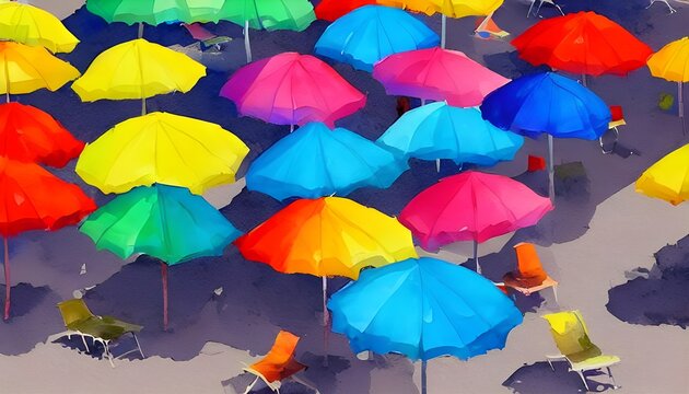 The colors in the umbrellas are so bright and pretty against the aqua blue water. The sun is shining and it looks like a perfect day to relax on the beach.