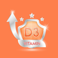 Vitamin D3 in orange glass shield transparent. Protection body stay healthy. For nutrition products food. Shield aluminum ang leaf star arrow label sticker icon 3d isolated realistic. Vector.