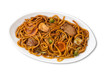 Yakisoba, traditional asian pasta with noodles, meat and vegetables isolated over white background