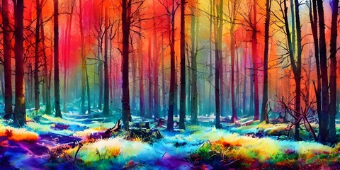 Obraz na płótnie Canvas A beautiful winter forest watercolor. The colors are very eye-catching and vibrant. There is a lot of detail in the painting, and it looks like a scene from a storybook.