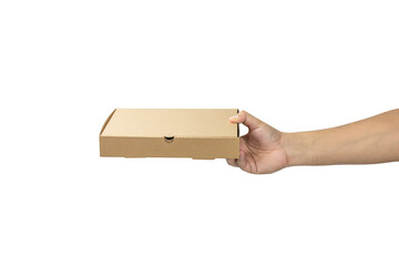 Hand holding pizza box isolated on white background with clipping path.