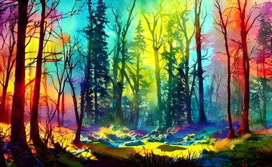 I am looking at a watercolor painting of a forest in winter. The colors are very vibrant and pretty. I can see different shades of blue, green, yellow, and white. It looks like the artist used a lot o