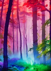 The forest watercolor is a beautiful and colorful picture. The trees are different shades of green, the leaves are red and yellow, and the sky is blue. The water in the lake is also very blue.