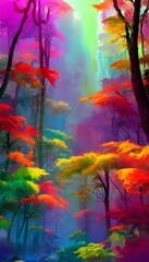 Fototapeta na wymiar In this painting, a colorful forest is depicted using watercolors. The trees are different shades of green, with hints of blue and purple. The leaves are falling gently down to the ground, creating a 