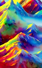 I am looking at a painting of mountains in watercolor. The mountains are many different colors, including shades of purple, pink, blue, and green. The sky is a light blue color.
