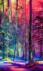 A colorful winter forest watercolor painting. The scene is of a small wooded area in the middle of a snow covered field. In the center of the painting, there is a creek running through the woods with 