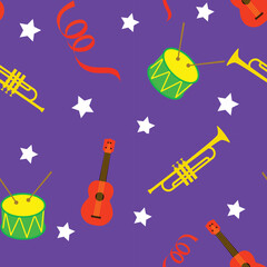 Seamless background with carnival elements. Serpentine, ukulele, drum, trumpet on purple background. Vector illustration.