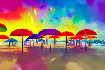 The sun is shining and the waves are crashing onto the shore. The umbrellas are brightly colored and there is a little girl playing in the sand.