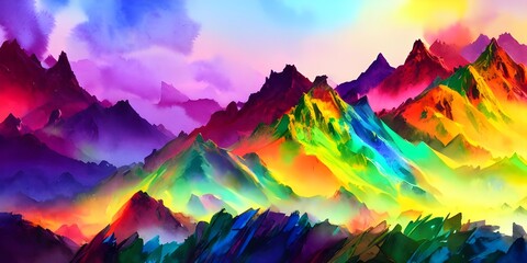 The blue sky is complimented by the purple, green, and pink mountains in this watercolor painting. - obrazy, fototapety, plakaty