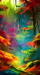 A soft breeze is blowing through the tree tops, making the leaves rustle and whisper. The sunlight is shining through the branches and dancing on the forest floor. The colors are so bright and vibrant