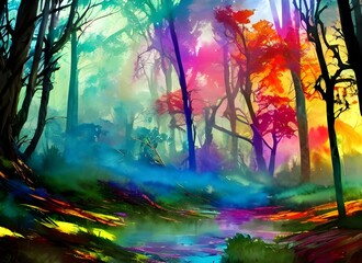 This colorful forest watercolor is so beautiful! It has every color in the rainbow, and they all swirl together in a mesmerizing way. The tree branches are delicate and detailed, while the leaves look