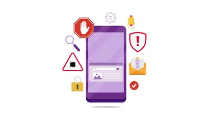 Mobile fraud alert warning motion graphic. Scam fraud alert on data account personal animated video explainer