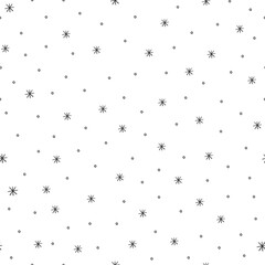 Simple snowflake seamless pattern. Black snow on white background. Irregular flakes and dots texture. Vector illustration for christmas greeting card, paper, fabric, design.
