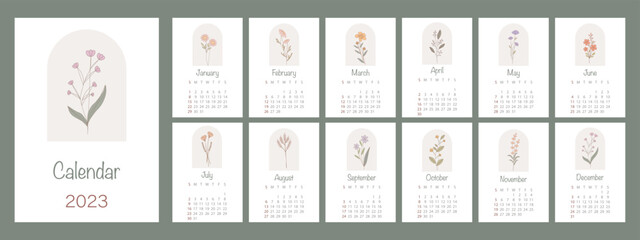 Vector calendar 2023. Floral design. The week starts on Sunday. A wall or table calendar in a minimalist style.