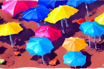 I see a beautiful watercolor painting of various brightly colored beach umbrellas. The backgrounds are all different shades of blue, and the umbrellas are in every color imaginable. Some people are ly