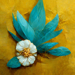 White flower with gold and turquoise leaves on a yellow background