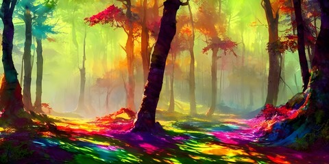 I am looking at a beautiful watercolor of a forest. The trees are different shades of green and there is a blue lake in the middle. The sky is orange and pink, possibly from a sunset or sunrise. I can