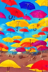 The sun is shining and the waves are crashing against the shore. The umbrellas are a bright pop of color against the green of the trees and blue of the sky.