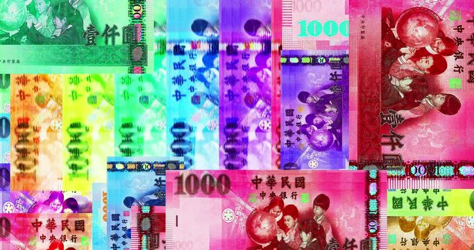 Taiwanese Dollar 1000 TWD banknotes abstract color loop pattern. Taiwan bank note concept of currency, finance and economy. Looped and seamless design background.
