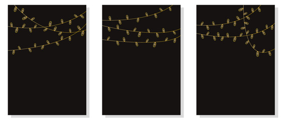 Fototapeta na wymiar Vector template. Illustration with golden shiny garlands on a black background. Suitable for cover, cards for wedding, business, presentation.