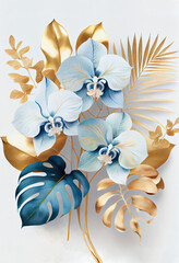 light blue tropical leaves and orchid flowers