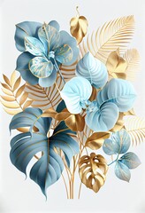 light blue tropical leaves and orchid flowers