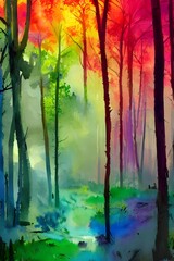 The colors in the forest painting are very bright and vibrant. The trees are different shades of green, and the water is a deep blue. There is a light shining through the branches of the trees, making