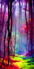 Fototapeta na wymiar A beautiful, peaceful forest watercolor painting. The colors are very eye-catching and vibrant, the trees look strong and healthy. The sun is shining brightly through the leaves and there is a little 