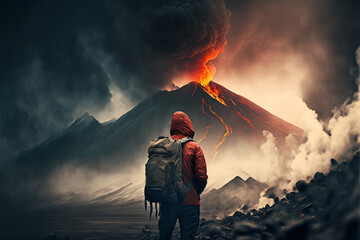 Obraz premium a man stand in front of erupt volcano Generative Ai