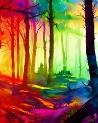 Fototapeta na wymiar A beautiful, colorful forest scene is depicted in this watercolor painting. Thick trees and greenery populate the landscape, with a small stream winding its way through the center. A bright blue sky c