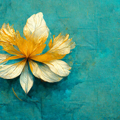 A white and gold lonely flower on a turquoise background