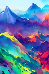 I am looking at a beautiful watercolor painting of colorful mountains. The sky is clear, and the sun is shining. The mountains are different shades of blue, green, and purple. They are so pretty!