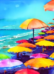 A beautiful beach scene is painted in watercolors, umbrellas of various colors dotting the shore. The ocean is a deep blue and there are seagulls flying overhead.