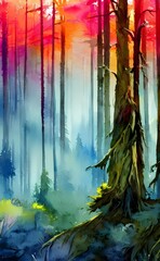 I see a beautiful watercolor painting of a winter forest scene. The colors are so bright and vibrant, I can almost feel the cold air on my face. The trees are covered in snow and there is a small stre