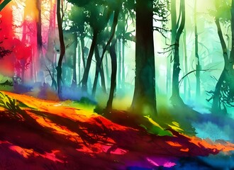 Vivid greens, yellows, and blues swirl together in a beautiful watercolor of a forest scene.